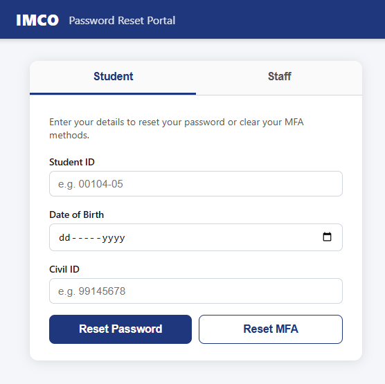 The IMCO Password Reset Portal — Student tab with Student ID, Date of Birth and Civil ID fields, and Reset Password and Reset MFA buttons